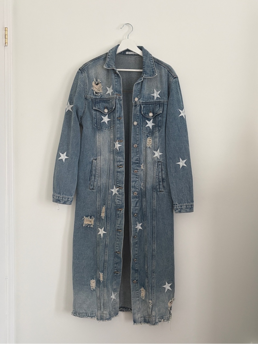 Star-Print Light Blue Long Denim Jacket